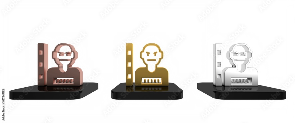 Colorful Suspect criminal icon isolated on white background. The criminal in prison, suspected near the board. Minimalism concept. 3D render illustration Colorful Suspect criminal icon isolated on white background. The criminal in prison, suspected near the board. Minimalism concept. 3D render illustration