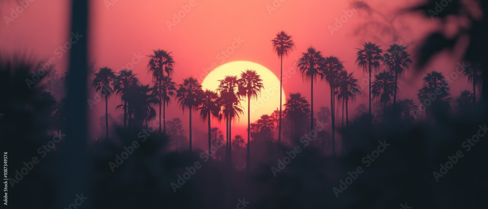 A serene sunset behind palm trees, creating a tranquil atmosphere. A serene sunset behind palm trees, creating a tranquil atmosphere.