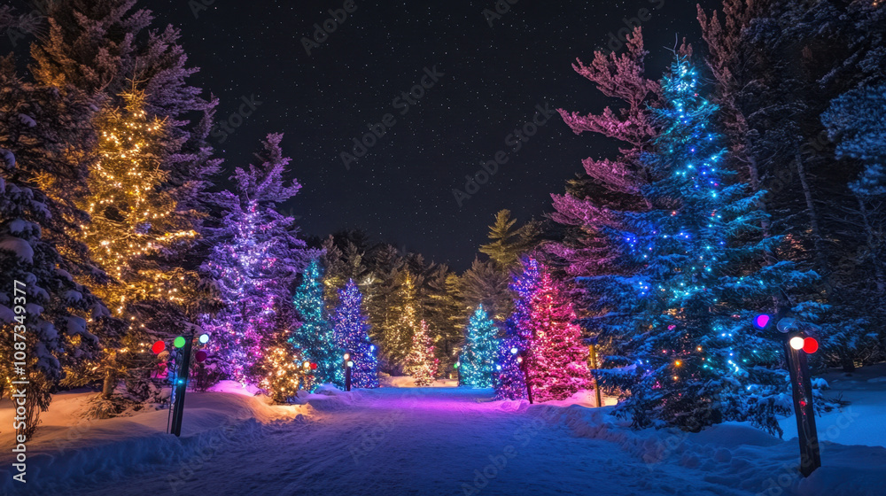 Obraz premium A beautifully decorated Christmas tree with gold, silver and red ornaments and soft, warm glowing lights.