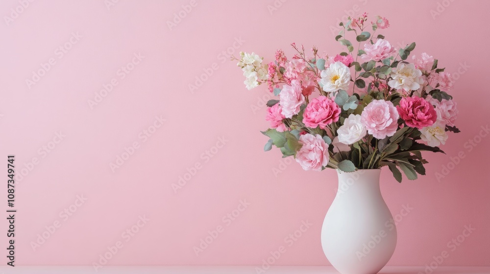 A beautiful bouquet of pink and white flowers in a white vase against a pastel pink background. A beautiful bouquet of pink and white flowers in a white vase against a pastel pink background.