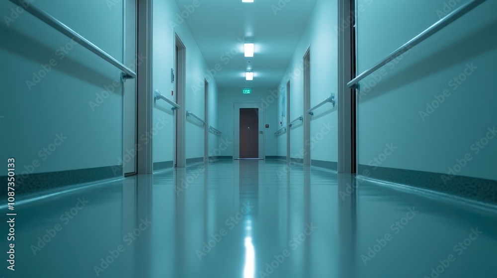 This image shows a dimly lit, serene corridor in a modern facility, with soft lighting leading to a single closed door, creating a sense of anticipation and quietude. This image shows a dimly lit, serene corridor in a modern facility, with soft lighting leading to a single closed door, creating a sense of anticipation and quietude.