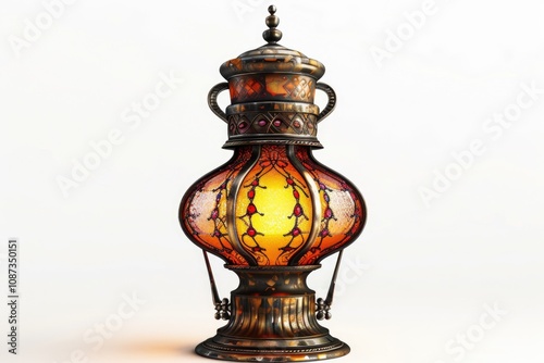 An ornate, antiquestyle lamp with a stainedglass globe and metal accents, emitting a warm yellow light. photo