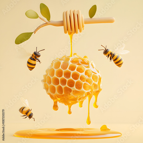 3D Render of Honeycomb with Bees