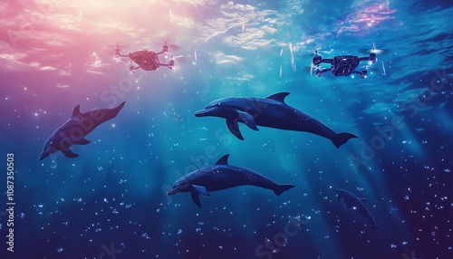 Three dolphins swim gracefully in a vibrant underwater scene, accompanied by two drones capturing the magical moment photo