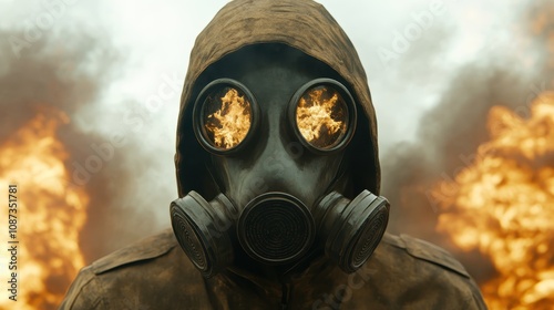 A dramatic and epic depiction of a hooded figure in a brown jacket and gas mask, standing strong among fierce flames and ominous clouds, showcasing power. photo