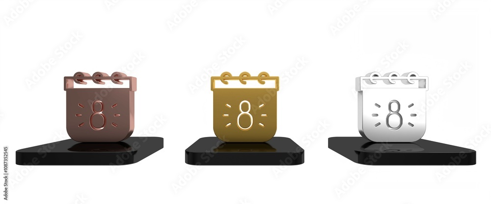 Colorful Calendar with 8 March icon isolated on white background. International Happy Women Day. Minimalism concept. 3D render illustration Colorful Calendar with 8 March icon isolated on white background. International Happy Women Day. Minimalism concept. 3D render illustration