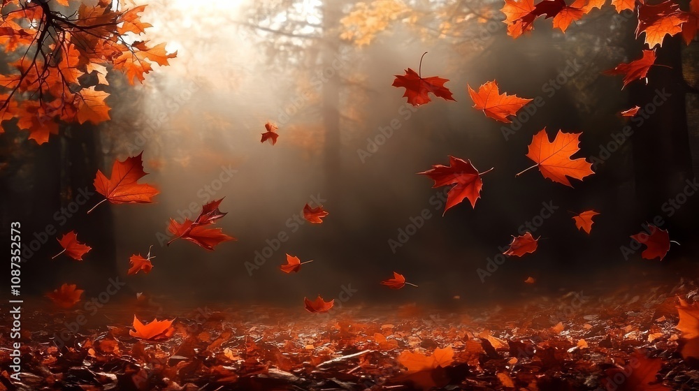 A serene autumn forest scene showcasing fallen maple leaves. A serene autumn forest scene showcasing fallen maple leaves.