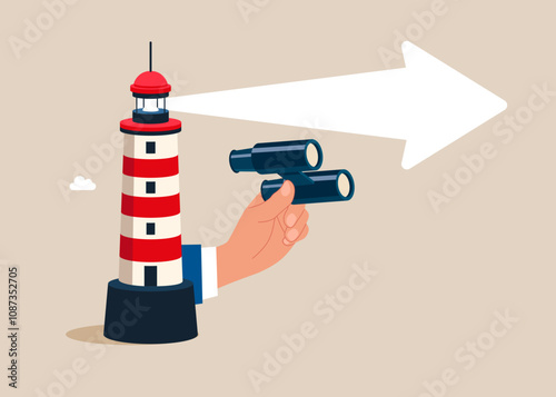 Lighthouse points the way to success. Hand with binoculars. Business navigation, strategy, foresight. Modern vector illustration in flat style. 