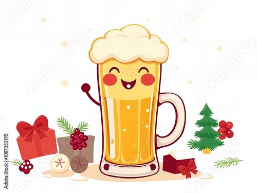 there is a cartoon beer mug with a happy face and a christmas tree. photo