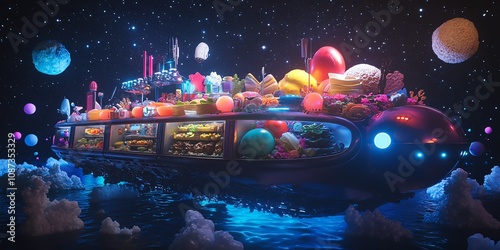 Surreal spaceship filled with vibrant fruits, sweets, and treats, sailing through a cosmos of colorful planets and nebulae.  Dreamlike digital art.