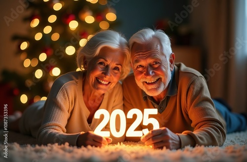 An elderly couple, a man and a woman, are lying on the carpet near the Christmas tree, holding the glowing numbers 2025 in their hands