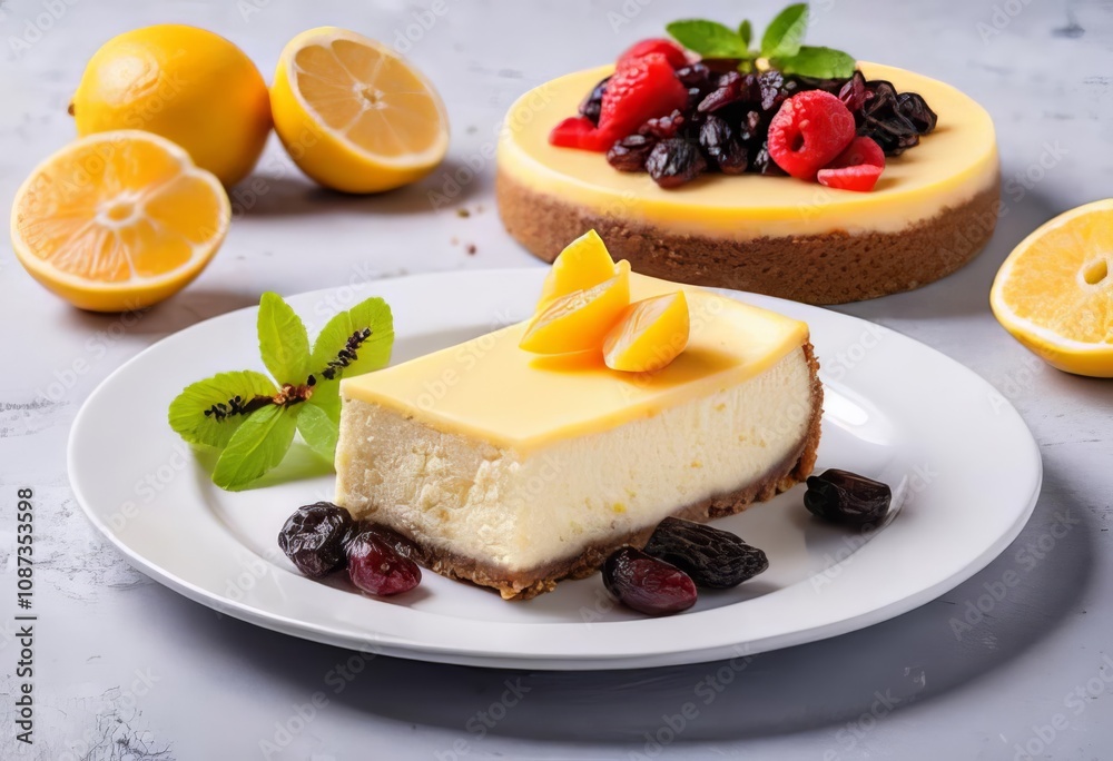 A slice of creamy cheesecake with a fruit topping and a cup of coffee in the background A slice of creamy cheesecake with a fruit topping and a cup of coffee in the background