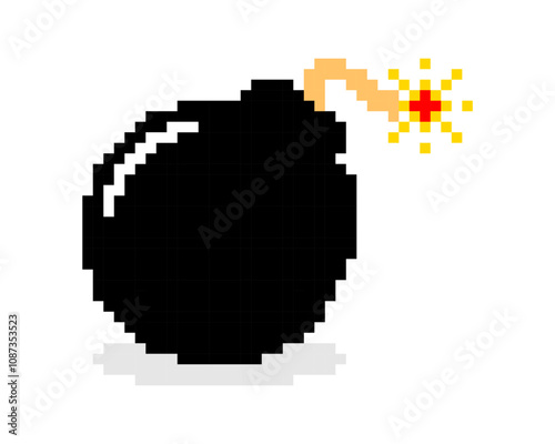 Pixel art of black bomb ready to explode on white background. Pixelated comic bomb icon.