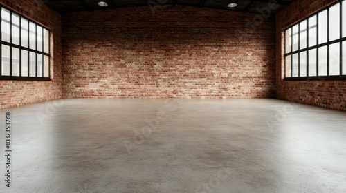 A loft style interior characterized by large windows and detailed brickwork, offering natural light and a spacious feel with polished cement flooring.