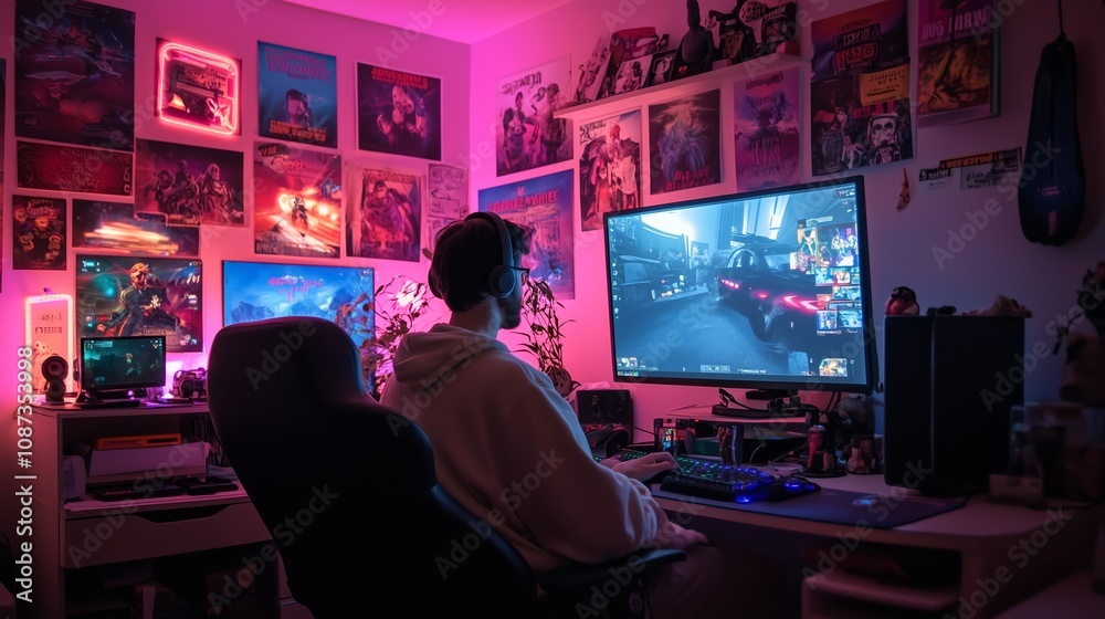 A gamer sits in front of his computer in a dimly lit room with neon lights, focusing on his game A gamer sits in front of his computer in a dimly lit room with neon lights, focusing on his game