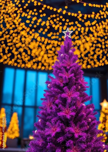 Vibrant purple Christmas tree, glowing orange fairy lights, blue window backdrop, festive holiday scene, warm ambient lighting, contrasting colors, night ambiance, detailed ornaments, magical atmosphe photo