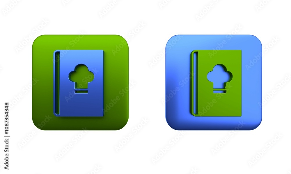 Colorful Cookbook icon isolated on white background. Cooking book icon. Recipe book. Fork and knife icons. Cutlery symbol. Square button. 3D render illustration Colorful Cookbook icon isolated on white background. Cooking book icon. Recipe book. Fork and knife icons. Cutlery symbol. Square button. 3D render illustration