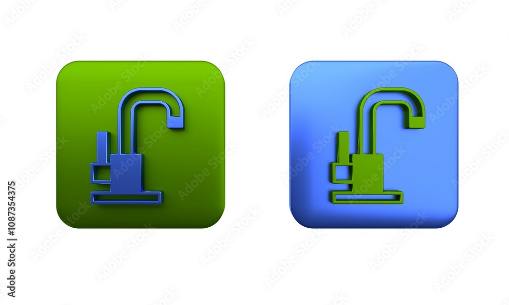 Colorful Water tap icon isolated on white background. Square button. 3D render illustration Colorful Water tap icon isolated on white background. Square button. 3D render illustration