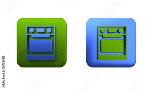 Colorful Oven icon isolated on white background. Stove gas oven sign. Square button. 3D render illustration