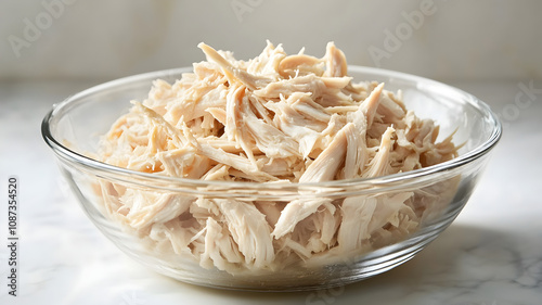 Shredded roast white chicken meat in a glass bowl on a marble counter top