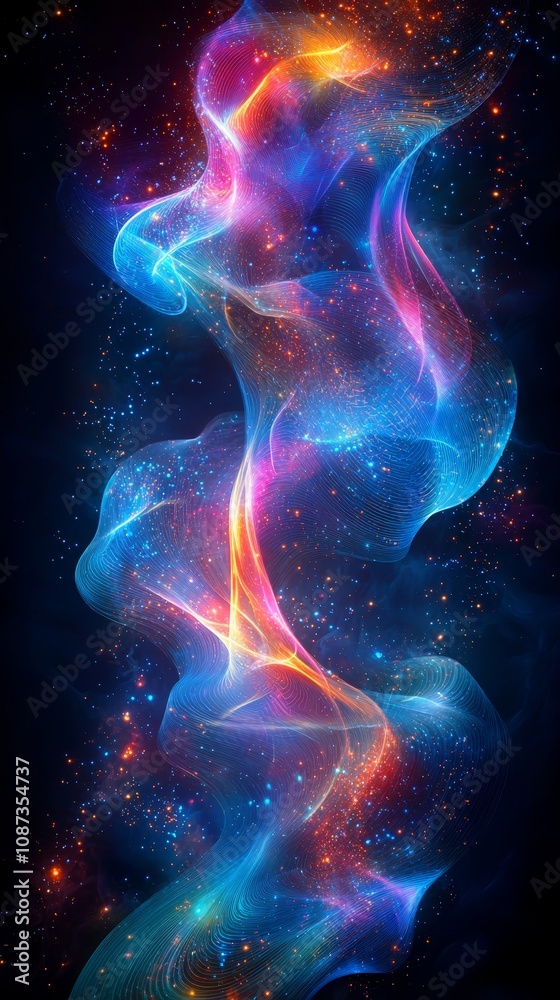Stunning Abstract Digital Art Depicting Technological Advancement with Vibrant Flowing Colors and Illuminated Particles in a Cosmic Background Stunning Abstract Digital Art Depicting Technological Advancement with Vibrant Flowing Colors and Illuminated Particles in a Cosmic Background