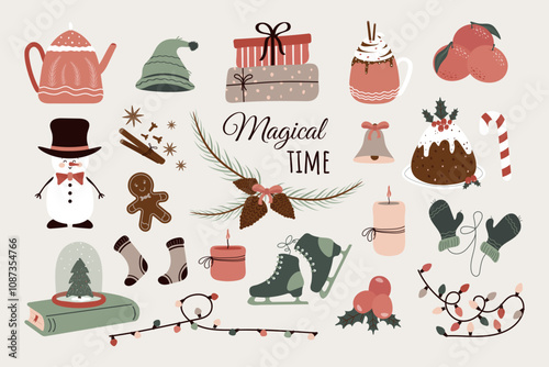 A large festive set of hand-drawn winter and Christmas elements for postcards, backgrounds, banners and more. Vector design.