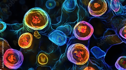 Close-up of induced pluripotent stem cells, glowing vibrant colors, intricate detail photo