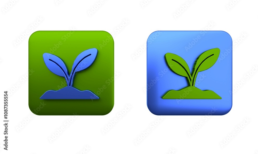 Colorful Sprout icon isolated on white background. Seed and seedling. Leaves sign. Leaf nature. Square button. 3D render illustration Colorful Sprout icon isolated on white background. Seed and seedling. Leaves sign. Leaf nature. Square button. 3D render illustration