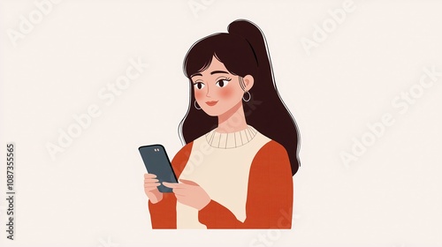 Young woman engaging in online dating, smiling at messages with interest and curiosity on her smartphone.