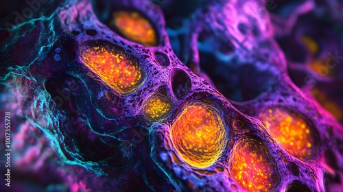 Microscopic induced pluripotent cells, glowing colors, complex textures, close-up