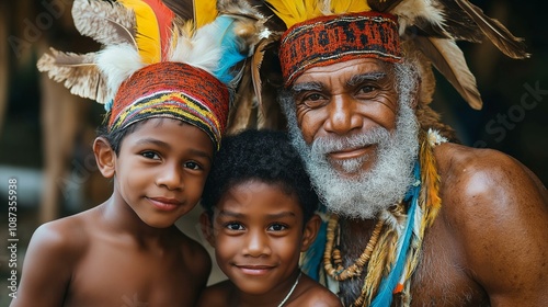 Elderly man and children in traditional headdresses, celebrating cultural heritage photo