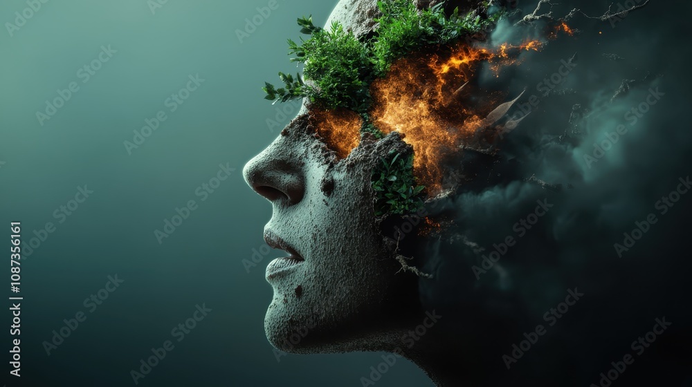 A dynamic image of a human profile merging with flames and greenery, symbolizing the connection between humanity and natural forces amidst creation and destruction. A dynamic image of a human profile merging with flames and greenery, symbolizing the connection between humanity and natural forces amidst creation and destruction.