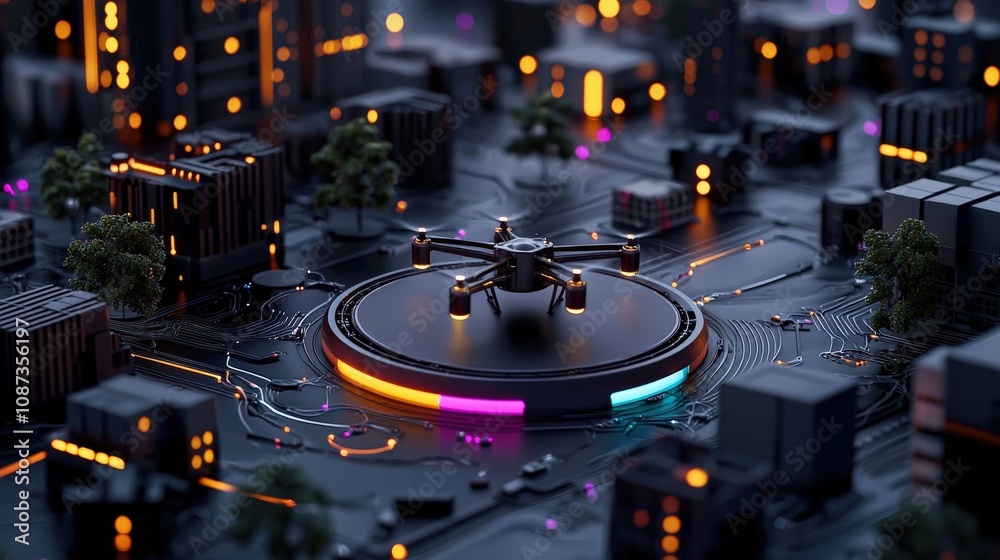 Obraz premium A futuristic drone on a vibrant circuit board surrounded by digital cityscape, symbolizing advanced technology and innovation.