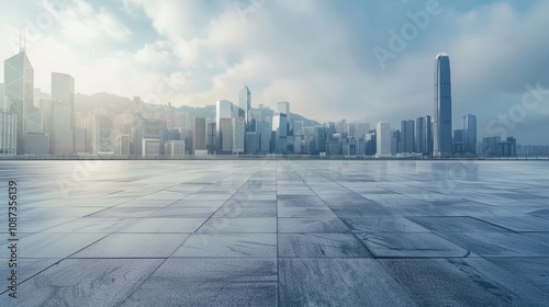 Empty square floor with city skyline background, City skyline with a touch of magical realism, elements of fantasy seamlessly blending with the urban landscape photo