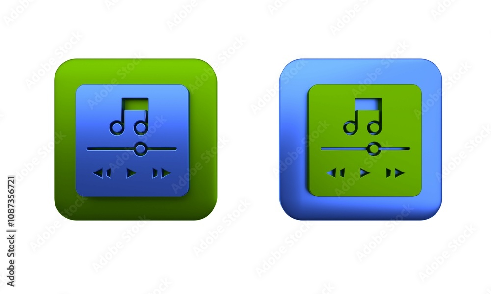 Colorful Music player icon isolated on white background. Portable music device. Square button. 3D render illustration Colorful Music player icon isolated on white background. Portable music device. Square button. 3D render illustration