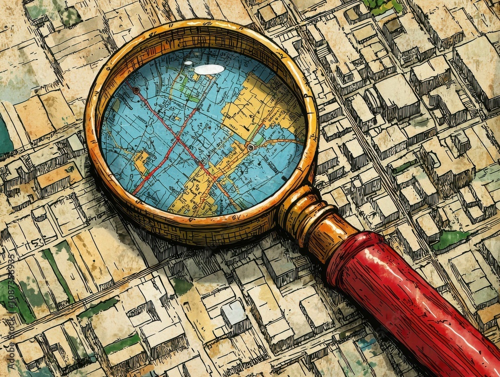 Magnifying Glass Over Map Illustration with Urban Grid Detail, Highlighting Geographic Features and Distinctive Terrain in Vivid Colors and Intricate Lines Magnifying Glass Over Map Illustration with Urban Grid Detail, Highlighting Geographic Features and Distinctive Terrain in Vivid Colors and Intricate Lines