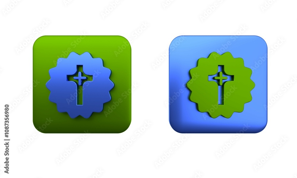Colorful Christian cross icon isolated on white background. Church cross. Square button. 3D render illustration Colorful Christian cross icon isolated on white background. Church cross. Square button. 3D render illustration