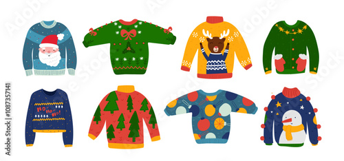 Cozy warm Christmas sweaters with cute prints, ornaments and trendy holiday design isolated set