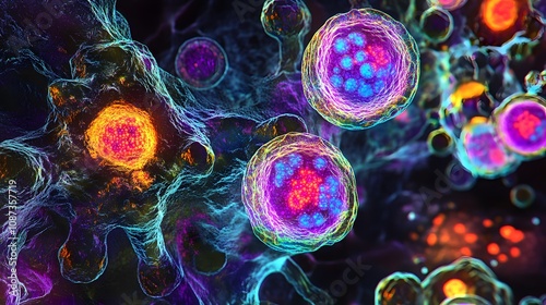 Close-up of vibrant induced pluripotent cells, intricate textures, glowing colors