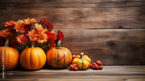 autumn pumpkins and fall decor on a rustic wood background with copy space