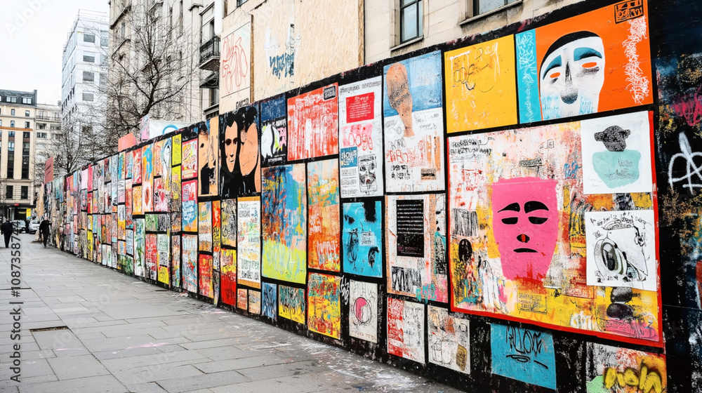 Fototapeta premium Colorful urban graffiti wall filled with vibrant street art, featuring various artistic designs and posters on a city street.