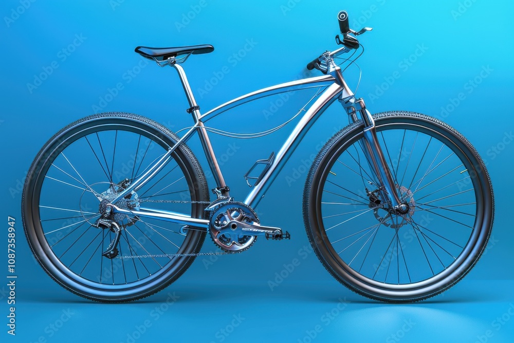 Fototapeta premium Silver Bicycle Stands Out Against a Vibrant Blue Backdrop