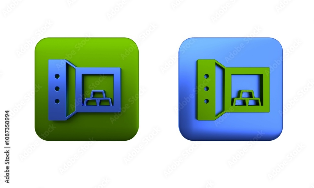 Colorful Safe with gold bars icon isolated on white background. Precious metals on deposit in bank. Metallic treasury. Reliable data protection. Square button. 3D render illustration Colorful Safe with gold bars icon isolated on white background. Precious metals on deposit in bank. Metallic treasury. Reliable data protection. Square button. 3D render illustration