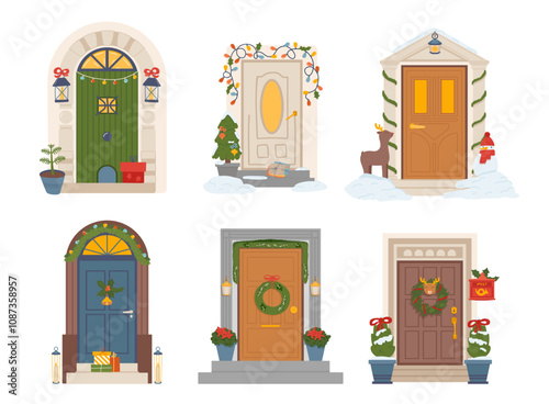 Christmas doors exterior decorated with wreath, garlands for winter seasonal holidays isolated set