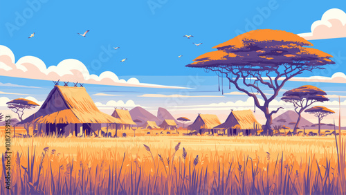 african village flat background. plain with huts and acacia trees, hut tree africa culture straw ethnic primitive exotic rural landscape vector illustration