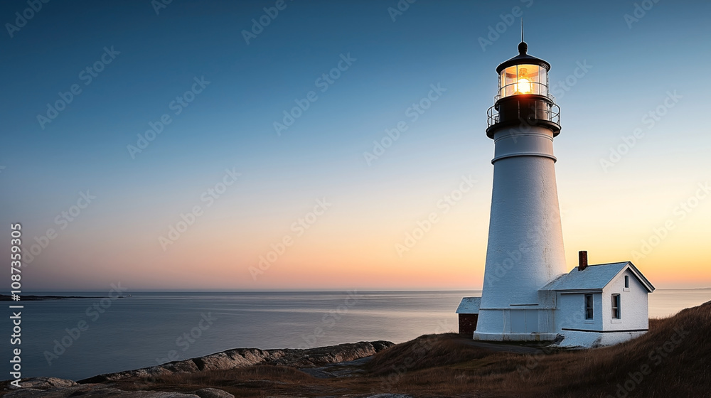 Serene coastal landscape featuring a lighthouse illuminated at sunset, with a tranquil ocean and clear sky in the background. Serene coastal landscape featuring a lighthouse illuminated at sunset, with a tranquil ocean and clear sky in the background.