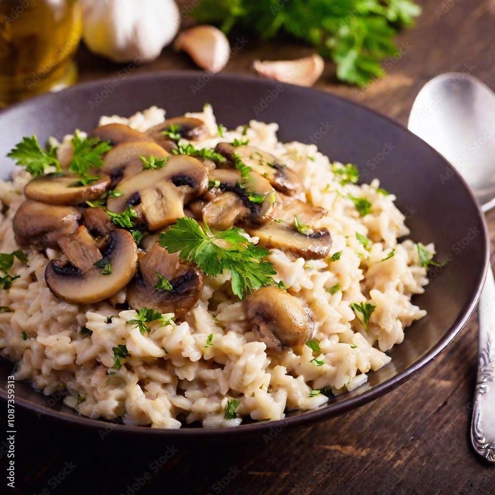 risotto with seitan cut into strips and champignon mushrooms, with cream sauce risotto with seitan cut into strips and champignon mushrooms, with cream sauce