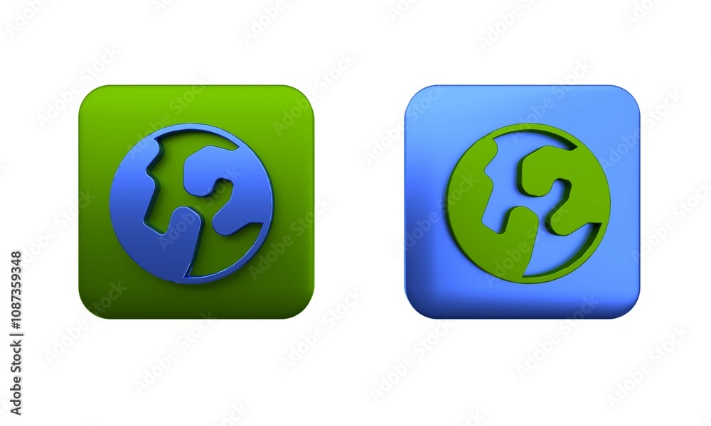 Colorful Earth globe icon isolated on white background. World or Earth sign. Global internet symbol. Geometric shapes. Square button. 3D render illustration Colorful Earth globe icon isolated on white background. World or Earth sign. Global internet symbol. Geometric shapes. Square button. 3D render illustration