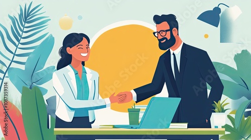 Smiling Businesswoman and Businessman Shaking Hands at a Desk