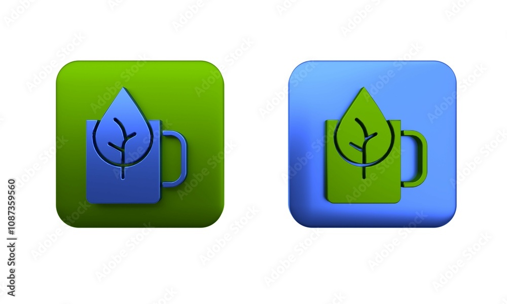 Colorful Cup of tea with leaf icon isolated on white background. Sweet natural food. Square button. 3D render illustration Colorful Cup of tea with leaf icon isolated on white background. Sweet natural food. Square button. 3D render illustration